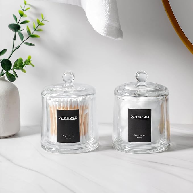 rejomiik Qtip Holder Thick Glass Apothecary Jars with Lid for Bathroom Accessories Vanity Organizers and Makeup Storage for Cotton Ball, Swabs, Makeup Sponges, Candy, Jewelry, Clear