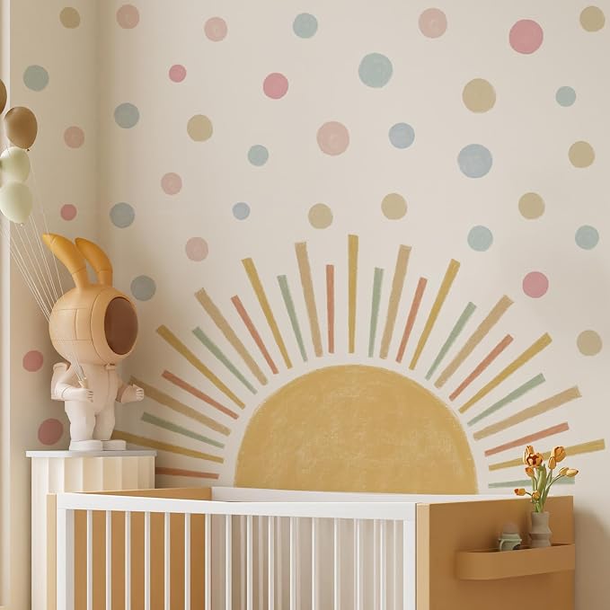 Vibrant Large Half Sun Wall Decals Peel and Stick, Self Adhesive Colorful Polka Dots Wall Sticker, Wall Art Decor Sunrise Wall Stickers for Girls Bedroom Playroom Nursery Room