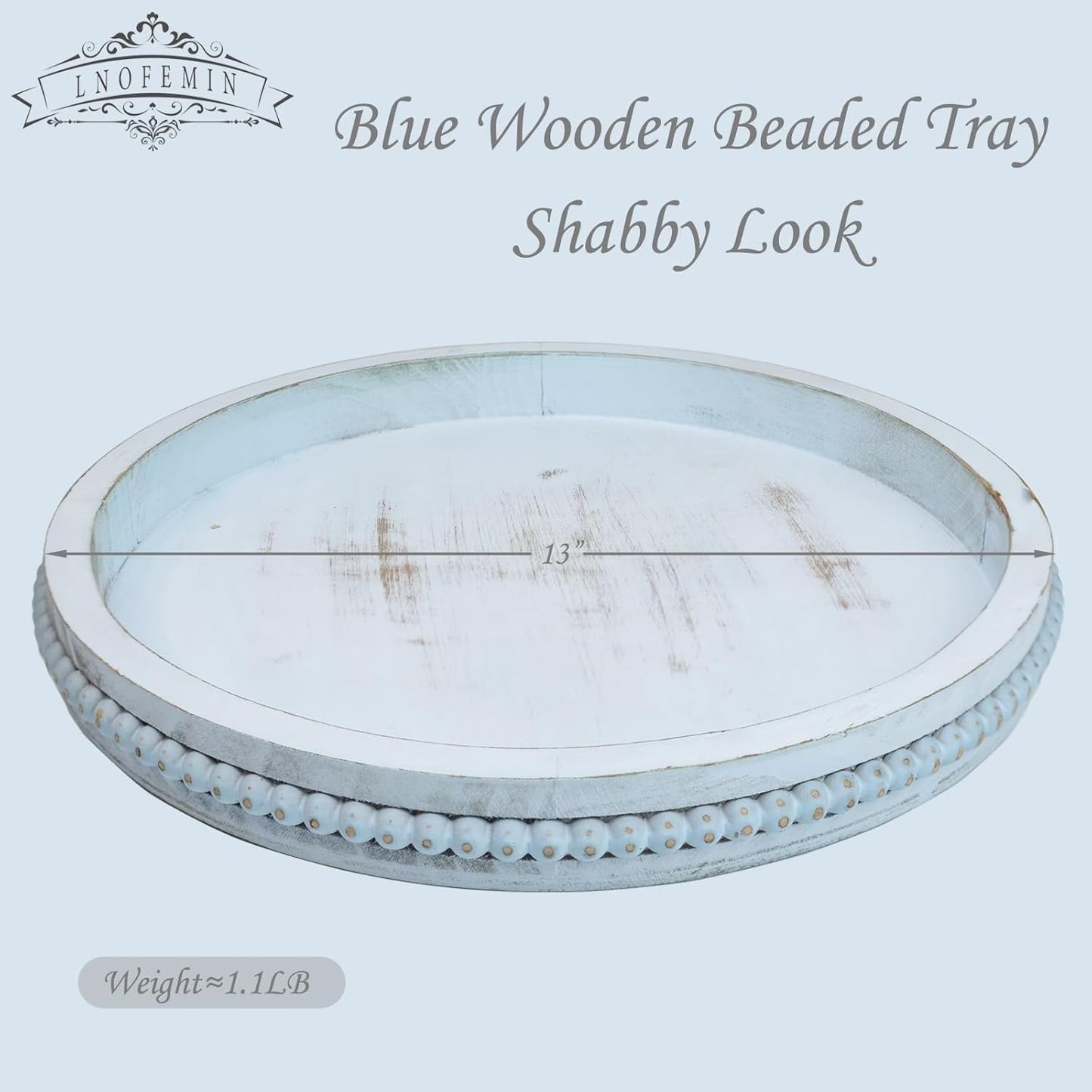 Round Wood Serving Tray with Beads, Blue Washed Wooden Decorative Tray for Entertaining, Decoration, and Gifting