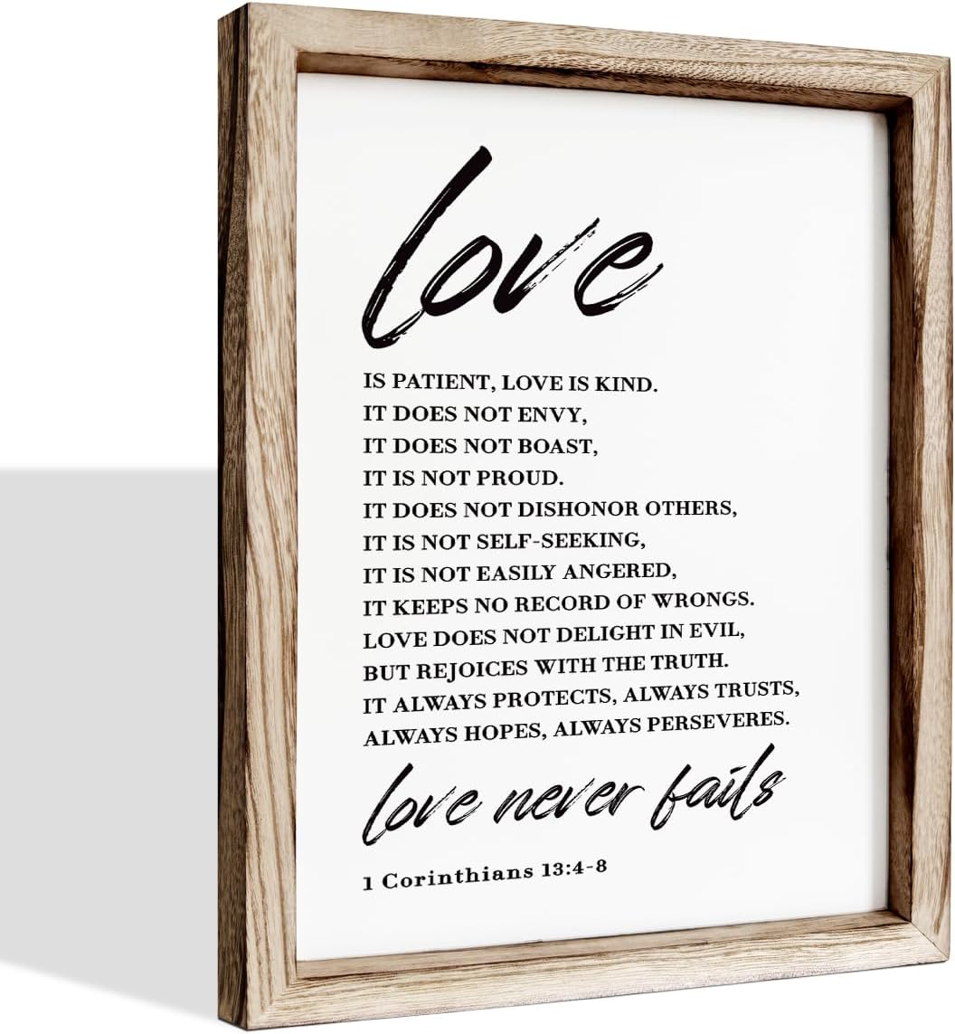 Love Wood Signs, Christian Wooden Wall Sign, Master Bedroom Signs, Inspirational Christian Gift, Home Decor, Framed Wall Plaque Sign 15 * 11.5 inches, Love is the Patient