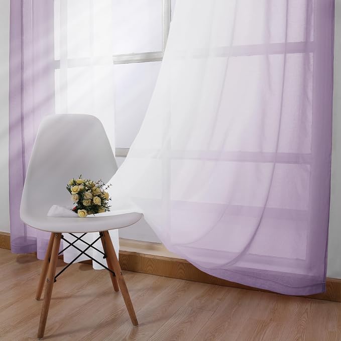 DWCN Faux Linen Ombre Sheer Curtains - Short Gradient Semi Voile for Kitchen and Living Room, Set of 2 Grommet Top Window Panels, W52 x L54 Inches, Lavender