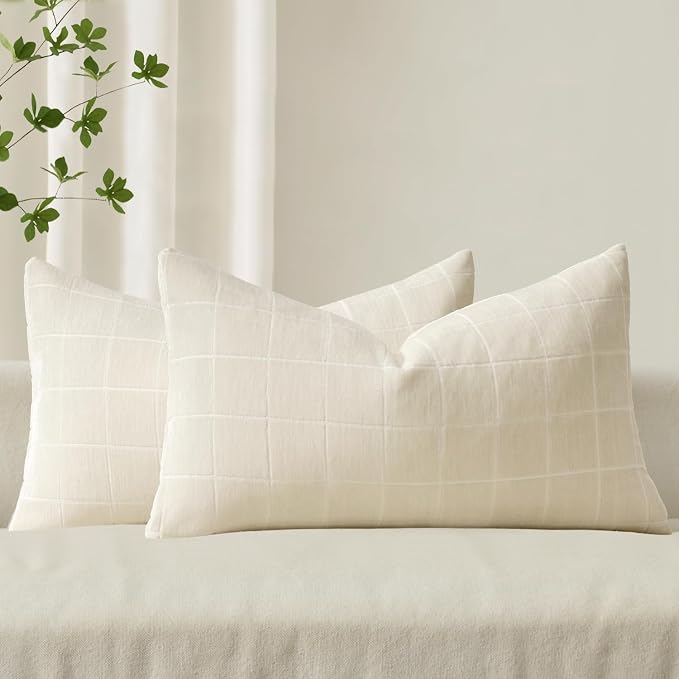 MIULEE Cream Plaid Decorative Throw Pillow Covers 12x20 Set of 2 | Vintage Check Chenille Couch Pillows Neutral Boho Farmhouse Cushion Covers Modern Home Decor for Sofa Bed Living Room