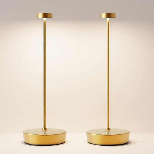 Cordless LED Table Lamp，Rechargeable Battery Desk Lamps, 3 Color Stepless Dimmable Metal Battery Table Lamps, Portable Waterproof Table Light for Indoor/Outdoor/Restaurant (2Pack Brass)
