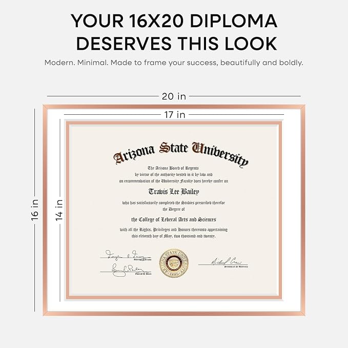 Homeforia 16x20 Diploma Frame Rose Gold, High End Metal 16 x 20 Certificate Frame with Mat 14 x 17, 16by20 Document Frame Matted to 14by17, Graduation Degree Frames, Tempered Glass, Wall Kit, Set of 2