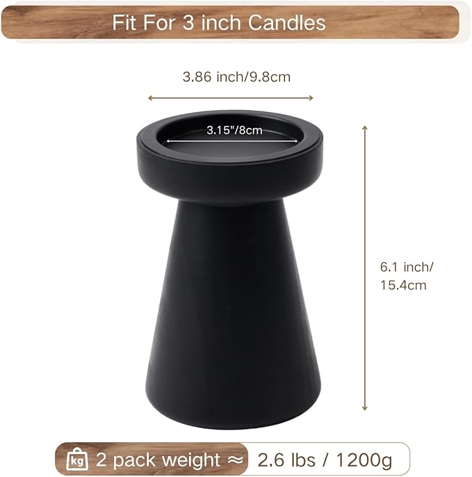 Wood Candle Holders for Pillar Candles, Set of 2 Vintage Rustic Tall Modern Farmhouse Decor, Decorative Wooden Candlestick Stand for Fireplace Mantel, Table Centerpiece - Black