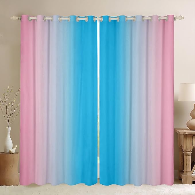 jejeloiu Blue Curtains for Bedroom Living Room for Kids Ombre Pink Blackout Curtains (2 Panels, 42 x 63 Inch) Gradient Style Darkening Drapes Decor Abstract Art Window Treatments