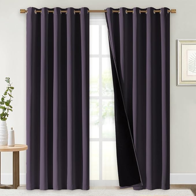 NICETOWN 100% Blackout Window Curtain Panels, Greyish Purple, 2 PCs, 62" Wide Each Panel, Cold and Full Light Blocking Drapes with Black Liner for Nursery, 84 inches Drop Thermal Insulated Draperies