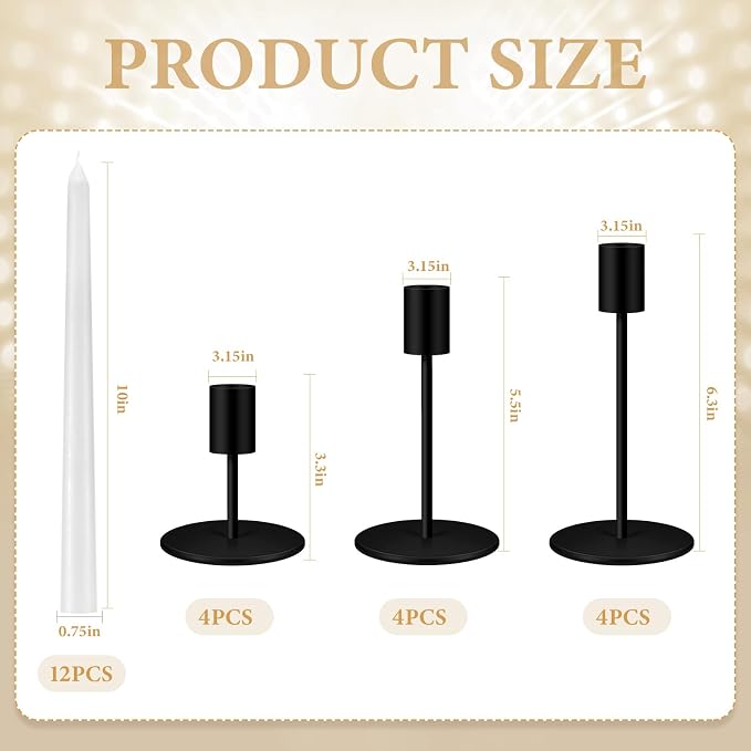 12 Set Candle Holders Bulk with 10'' Dripless Taper Candles 3.3'' 5.5'' 6.3'' Metal Candlestick Holders Vintage Modern Decorative Table Centerpiece for Wedding Birthday Home Decor (Black)