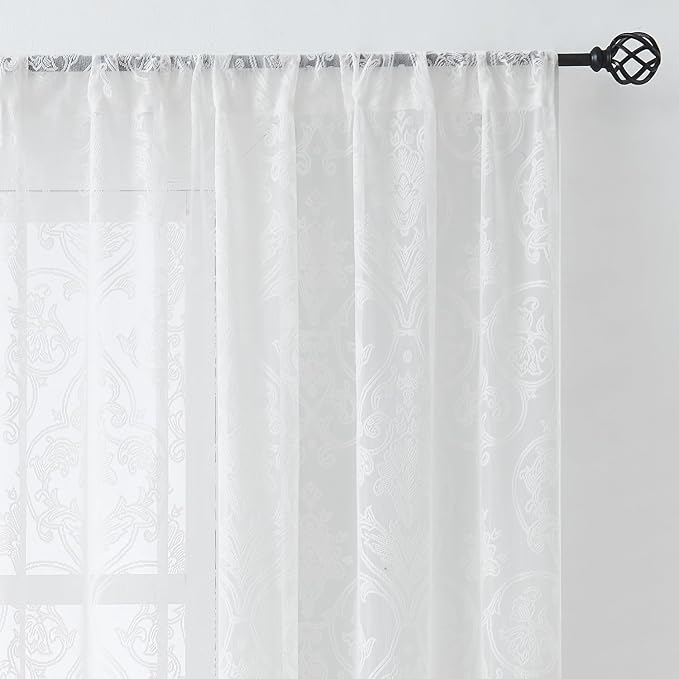Treatmentex Lace Sheer Curtains Vintage Damask Knitted European Floral Damask White Sheer Curtains for Living Room Victorian Bedroom Kitchen 54" W by 95" L 2 Panels Rod Pocket