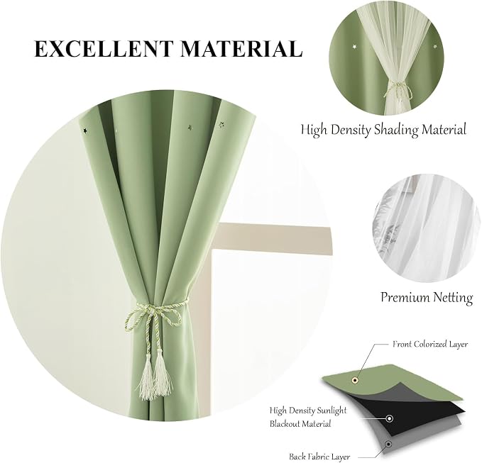2 Panels Green Star Blackout Curtains 120 Inches Long, Privacy Light Filtering Cute Drapes for Kids Bedroom, Thick Grommet Double Layer Nursery Princess Curtains for Glass Door (40"W x 120"L)