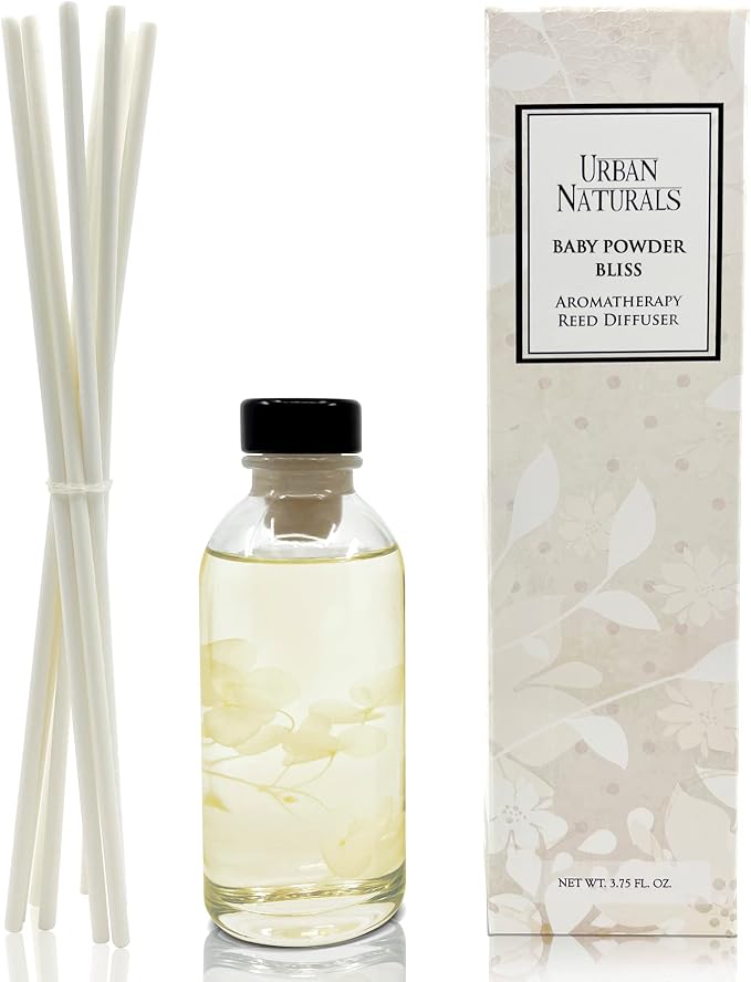 Urban Naturals Reed Diffuser Set, Baby Powder Bliss - Bathroom Shelf Décor | Bliss, Made with Essential Oils & Real Botanicals, Powdery Floral Notes, Rose, Geranium, Musk & Cedar, Makes a Great Gift