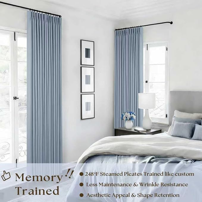 Blue Grey Pinch Pleated Full Blackout Curtains Linen Blend Room Darkening Window Curtains 80 Inch for Living Room Bedroom Thermal Insulated Back Tab Pinch Pleat Drapes with Hooks Rings 2 Panels