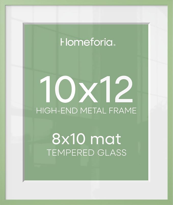 Homeforia 10x12 Picture Frame Sage Green, High End Metal 10x12 Wall Hanging Frame with Mat 8x10, 10 x 12 Poster Frame Matted to 8 x 10 inch Photo, 10by12 Thin Frame, Tempered Glass, Wall Kit, Set of 1