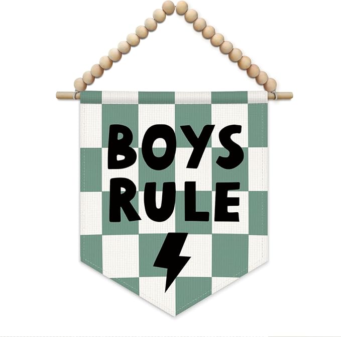 SJDFCSA Boys Room Wall Art Decor, Kids Playroom Decor, Boys Rule Green Checkered Boho Nursery Wall Hanging Display Pennant Flag for Kids Boy Nursery Toddler Room Bedroom Playroom