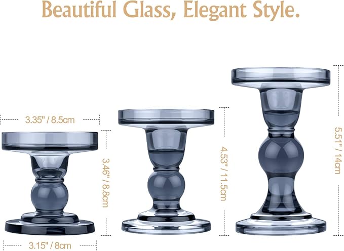 Lewondr Glass Candle Holders, 3 Pieces Crystal Clear Candlesticks with Elegant Design for Pillar Taper Candle and Tea Light, Home Table Living Room Wedding Party Decorations Home Décor - Smoky Blue