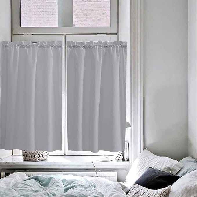 45 Inch Long Tier Curtains for Kitchen, Solid Color Gray Bathroom Window Curtains Rod Pocket Short Curtains Window Treatment Tiers for Living Room Farmhouse 2 Panels