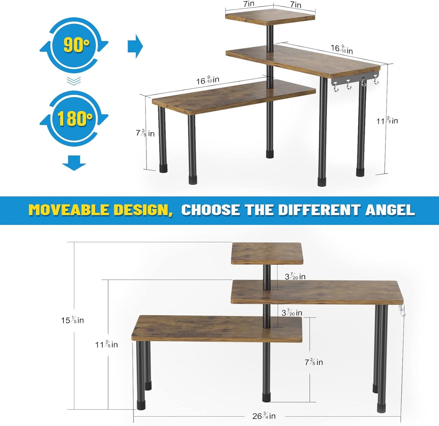 JayRex Countertop Organizer Organization, 3 Tier Moveable Corner Shelf Organizer for Kitchen, Bathroom, Spice Rack, Coffee Area, Over Sink, Dresser Table (Rustic Brown)