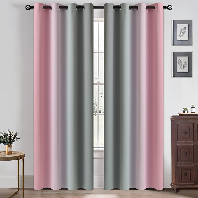 Yakamok Ombre Pink and Grey Curtains for Bedroom, Gradient Room Darkening Curtains, Grommet Thermal Insulated Light Blocking Window Drapes/Curtain for Living Room,52 x 84 Inch,2 Panels