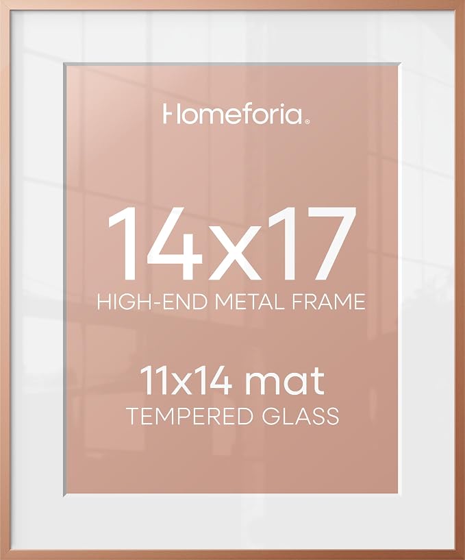 Homeforia 14x17 Picture Frame Rose Gold, High End Metal 14x17 Poster Frames with Mat 11x14 inch Photo, 14 x 17 Rose Gold Frame Matted to 11 by 14 Print, 17x14 Frame, Tempered Glass, Wall Kit, Set of 1