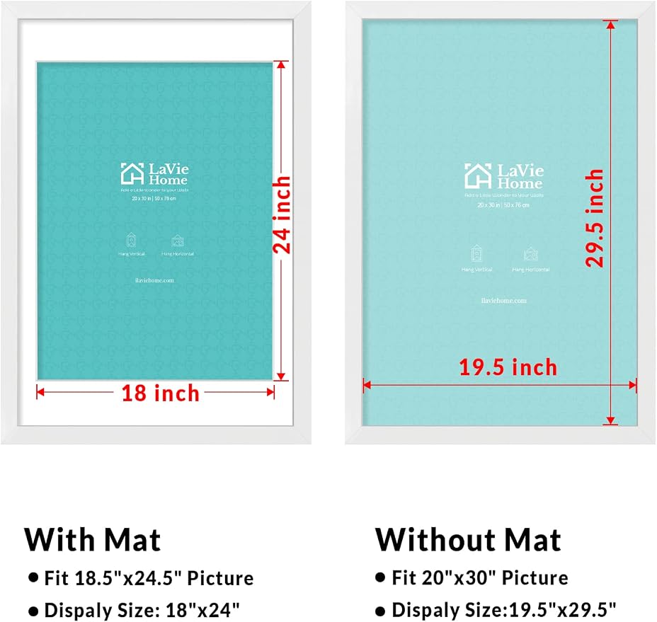 LaVie Home 20 x 30 Poster Frame White, Display Pictures 18x24 with Mat or 20x30 Without Mat, Stable and Sturdy Picture Frame and Polished Plexiglass, Horizontal and Vertical Format of The Wall（1 Pack）