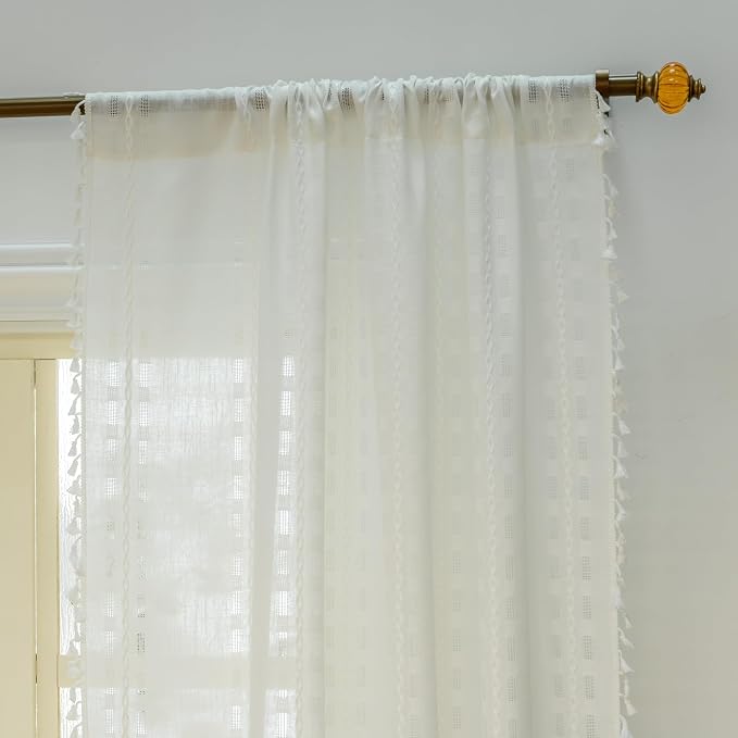 Deeprove White Cream Boho Curtain 72 inches Length for Living Room Bedroom Nursery, Bohemian 72 inches Long, Geometric Stripe Embroidery Privacy Window Fringe Decoration W52 x L72, Single 1 Panel