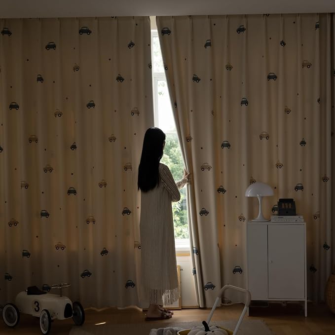 Cartoon Car Pattern Printed Semi Blackout Curtains for Bedroom Living Room | Cute Car Room Darkening Privacy Drapes for Playrooms Light Blocking Window Tratement Grommet Top 1 Panel W42 L63 Inch