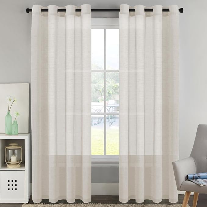 H.VERSAILTEX Linen Curtains 90 inches Long Linen Curtains/Natural Linen Blended Sheer Curtain/Panels/Drapes for Living Room, Home Decorative Privacy Window Treatment Nickel Grommets, Natural