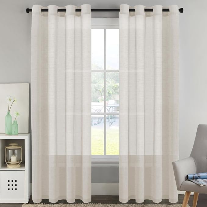 H.VERSAILTEX Linen Curtains Flax Linen Blended Curtain Panels for Living Room/Bedroom Semi Sheer Privacy Curtains 102 inch Length 2 Panels Set Nickel Grommet Window Drapes, Natural