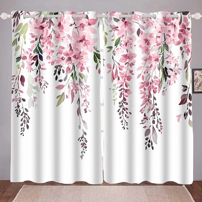 Pink Watercolor Floral Curtains, 52x84 inch, 2 Panels | Botanical Leaves Vine Flowers, Rustic Farmhouse, Blackout Window Treatment, For Bedroom Living Room