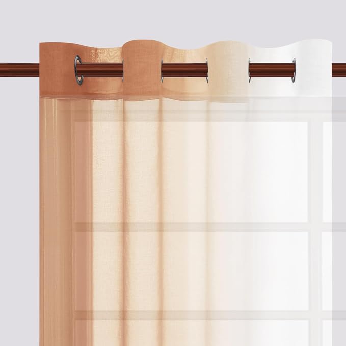 DWCN Faux Linen Ombre Sheer Curtains - Short Curtains Gradient Semi Voile Curtains for Kitchen and Living Room, Set of 2 Grommet Top Window Curtain Panels, W52 x L54 Inches, Burnt Ochre