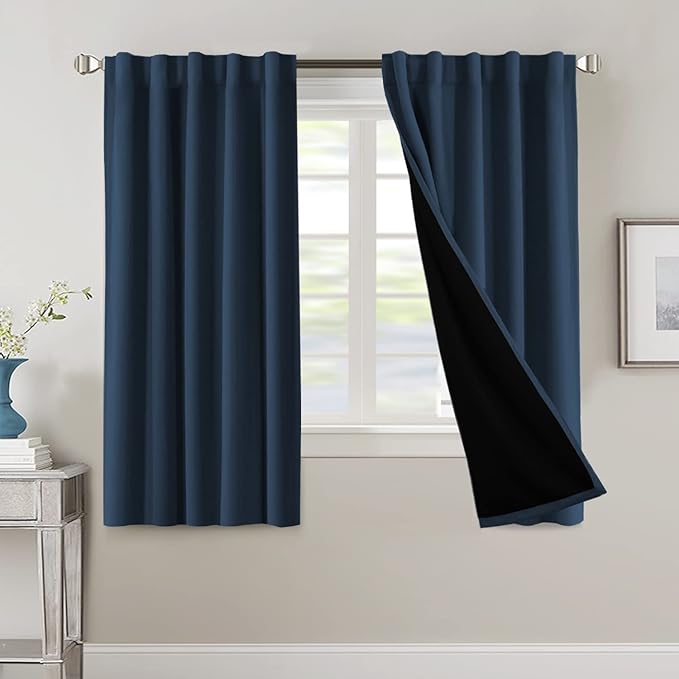 H.VERSAILTEX 100% Blackout Curtains for Bedroom with Black Liner Full Room Darkening Curtains Thermal Insulated Back Tab/Rod Pocket Window Drapes for Living Room, 2 Panels, 42 x 63 Inch, Navy