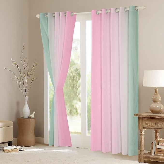 jejeloiu (2 Panels, 52 x 63 Inch Pink and Green Darkening Drapes Gradient Style Curtains for Bedroom Living Room for Kids Women Men Ombre Printed Blackout Curtains Geometric Window Treatments