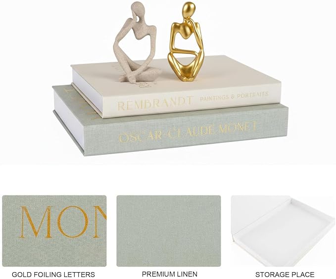 Decorative Books & Thinker Sculptures Set - Linen Boxes & Resin Figurines Enhance Your Coffee Table, Bookshelf or Mantle Decor - Living or Dining Room Home Decoration Aesthetic, Photo/Keepsake Storage