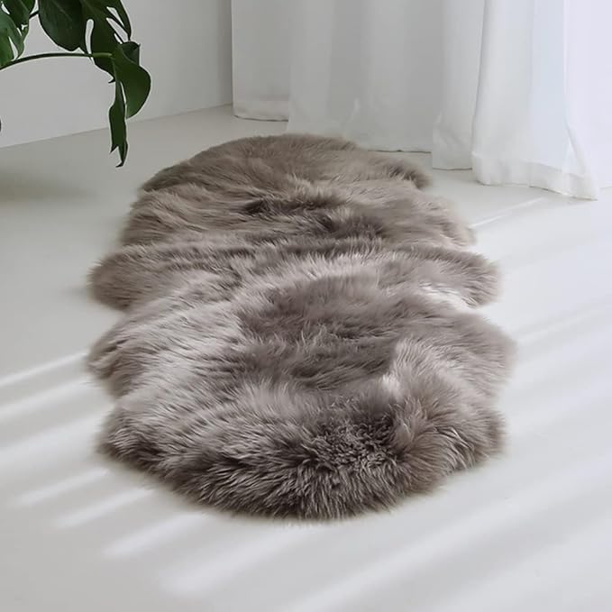 HUAHOO Premium Genuine Sheepskin Rug Camel Real Australia Sheepskin Natural Lambskin Fur Area Rug Seat Covers for Kids Bedroom Sofa Chair Cover Pets Dogs Mat Double Pelt/2' x 6' Mushroom