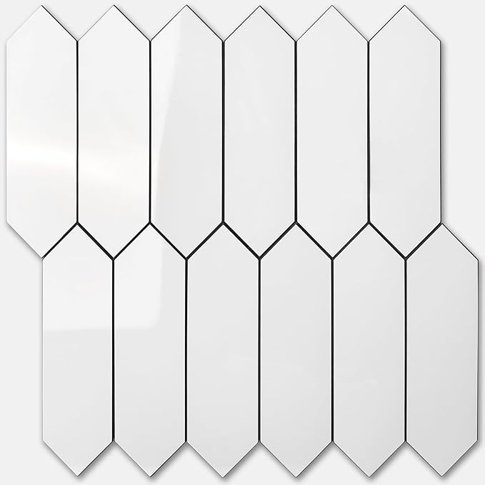 Vamos Tile 1 Sheet Glossy White Backsplash Tile Peel and Stick, 12.8 x 12.8 Inch Long Hexagon PVC Self Adhesive Mosaic Wall Tiles Stick on Backsplash for Kitchen and Bathroom