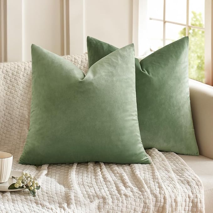 MIULEE Velvet Throw Pillow Covers 16x16 Inch, Pack of 2 - Sage Green, Soft Solid Decorative Pillow Covers Cushion Cases Modern Luxury Home Decor for Spring Couch Sofa Bedroom Livingroom
