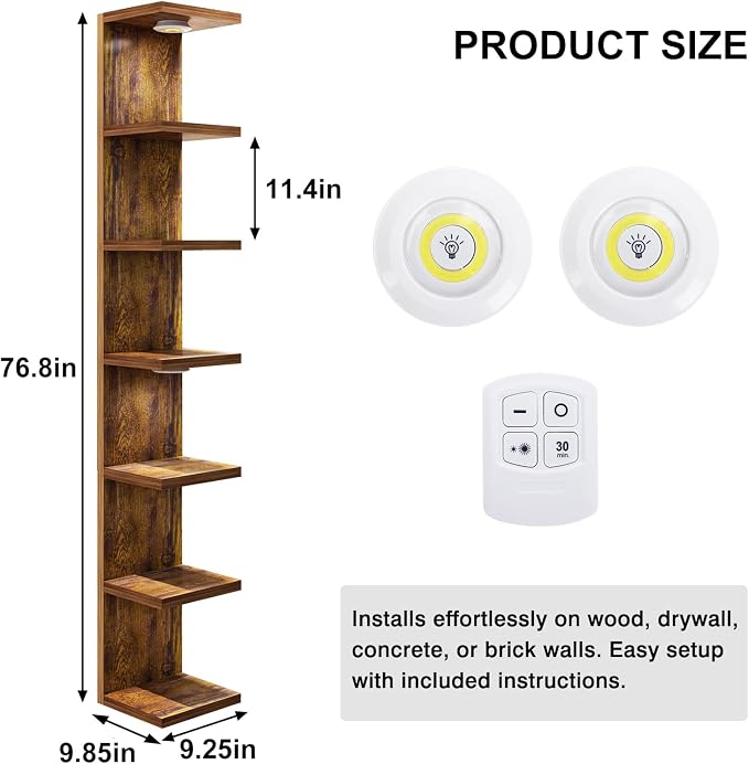 Fixwal 7 Tier Wall Shelf Unit Floating Shelves with LED Lights Lack Wall Shelf for Home Decor Organizer Display Rustic Brown