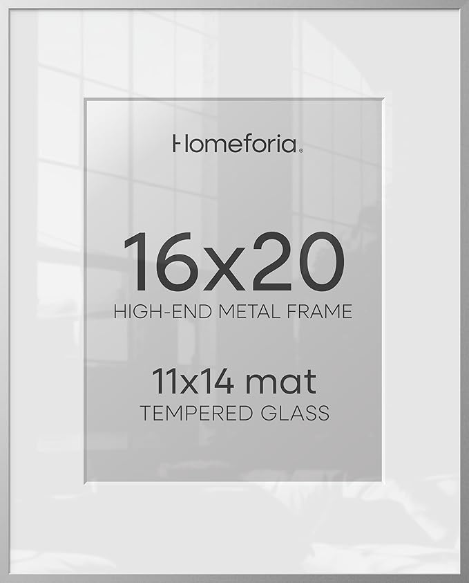 Homeforia 16 x 20 Picture Frame Silver, High End Metal 16 x 20 Frames with Mat 11 by 14 Photo, 16x20 Silver Poster Frame Matted to 11x14 Print, 20x16 Hanging Frames, Tempered Glass, Wall Kit, Set of 3