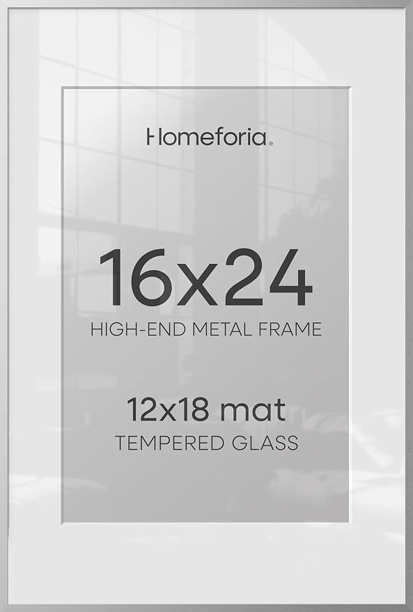 Homeforia 16x24 Silver Picture Frames, High End Metal 16x24 Poster Frame with Mat 12x18 in Photo, 16 x 24 Silver Frame Matted to 12 by 18 Print, 24x16 Hanging Frame, Tempered Glass, Wall Kit, Set of 2