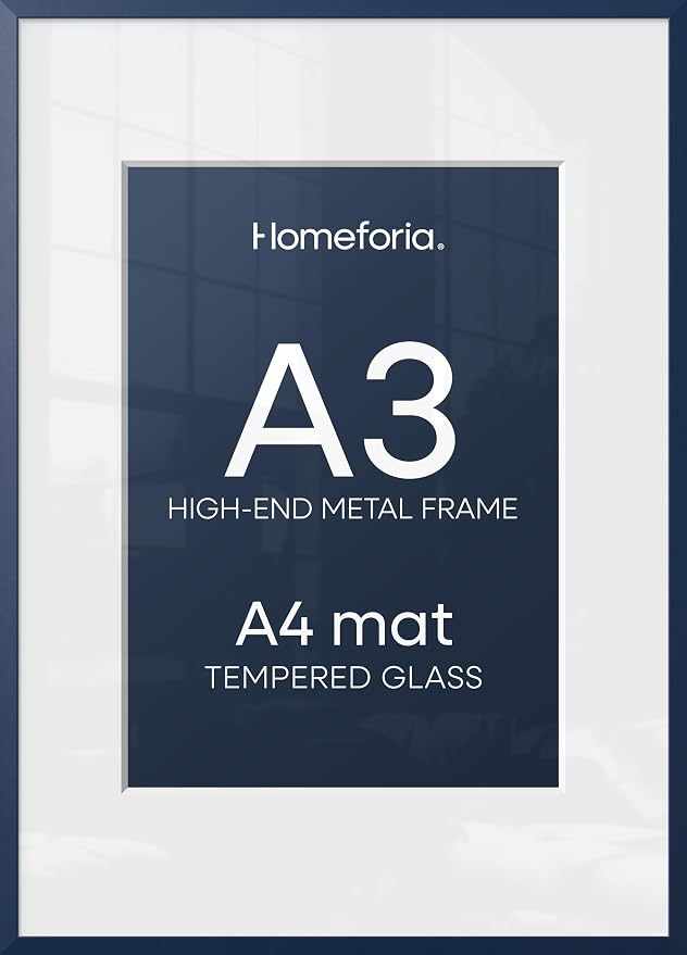 Homeforia A3 Picture Frame Navy Blue, High End Metal 11.7 x 16.5 inch Poster Frames with Mat 8.3 by 11.7 for Photo, A3 Size Frames Matted to A4 Print, 11.7x16.5 Hanging Frame, Tempered Glass, Set of 2