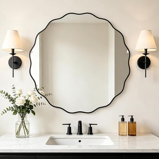 WallBeyond Round Wavy Mirror for Wall Decorative 36 inch, Modern Round Mirror Aluminum Frame for Bathroom Bedroom Living Room Home House Office Entryway, Black