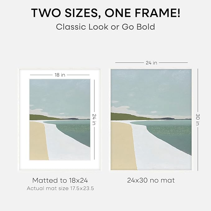 Homeforia 24x30 Poster Frame White, High End Oak 24 x 30 White Wood Picture Frames with Mat 18 x 24 for Photo, 24x30 Wooden Frame Matted to 18x24, 30x24 Large Frame, Tempered Glass, Wall Kit, Set of 2