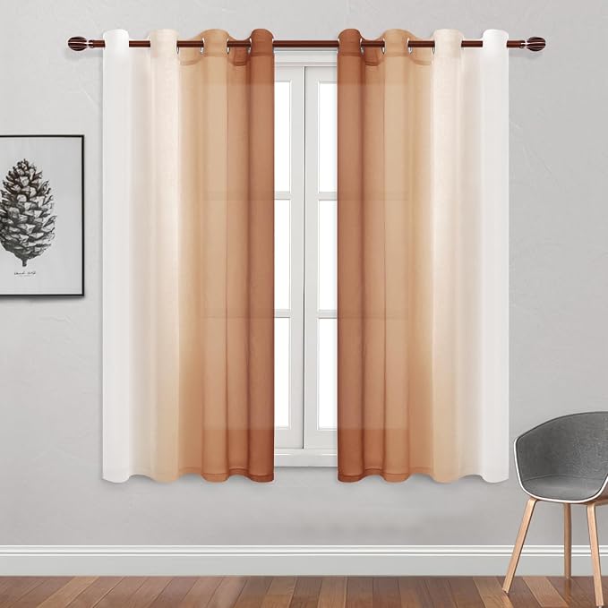 DWCN Faux Linen Ombre Sheer Curtains - Short Curtains Gradient Semi Voile Curtains for Kitchen and Living Room, Set of 2 Grommet Top Window Curtain Panels, W52 x L54 Inches, Burnt Ochre
