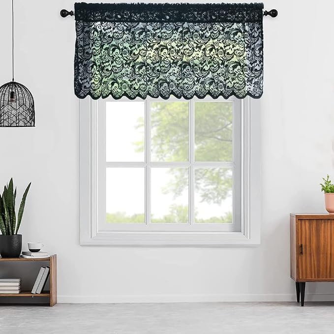 ALIGOGO Black Floral Valances for Windows Halloween Victorian Scalloped Sheer Valance Curtain for Bathroom Door Basement Windows Lace Window Toppers Boho/Goth/Dark Kitchen Decor, 52" x 18", 1 Pcs