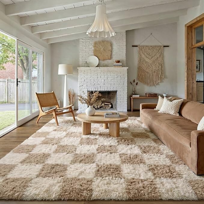 PureCozy Beige 8x10 Area Rugs for Living Room Soft Shag Checkered Large Rug Modern Washable Indoor Office Fuzzy Carpet Non-Slip Fluffy Rugs for Bedroom Nursery Dorm Playroom Home Aesthetic Decor