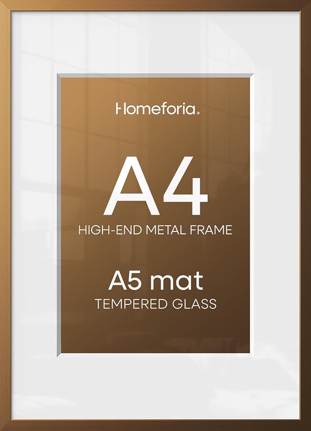 Homeforia A4 Picture Frame Bronze, High End Metal 8.3 x 11.7 inch Brass Poster Frames with Mat 5.8 by 8.3 Print, A4 Frames Matted to A5 Photo, 8.3x11.7 Wall or Tabletop Frame, Tempered Glass, Set of 1