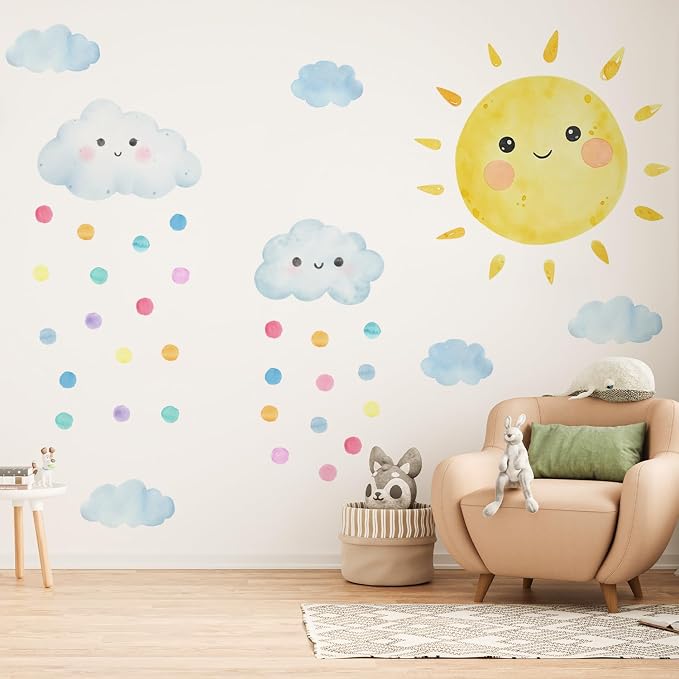 Large Sunshine Nursery Decor, Smile Sun and Cloudy Drops Wall Decal for Playroom, Classroom and Party, Watercolor Sprinkle Sky