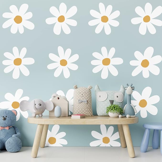 TaoBary 12 Sheet Daisy Wall Sticker Decal Removable Cute Daisy Bedroom Room Decor Flower Wall Sticker Pink White Flower Decal Wallpaper Peel and Stick for Nursery Home(White, Yellow,Vintage Style)
