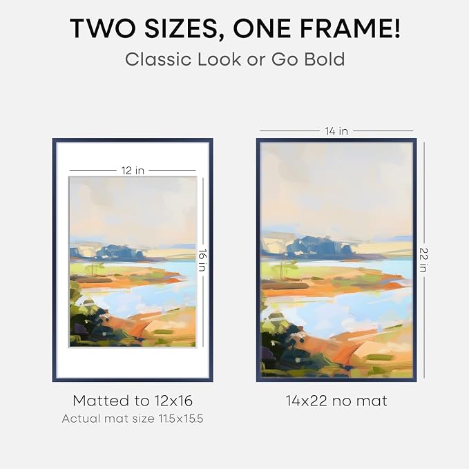 Homeforia 14x22 Picture Frame Navy Blue, High End Metal 14x22 Poster Frames with Mat 12x16 inch Photo, 14 x 22 Navy Blue Frame Matted to 12 by 16 Print, 22x14 Frame, Tempered Glass, Wall Kit, Set of 2