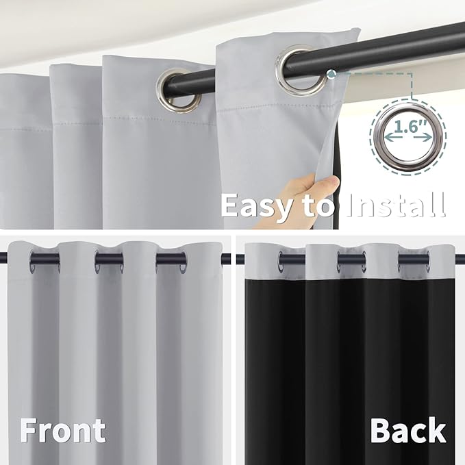 BGment Thermal Insulated 100% Blackout Curtains for Bedroom with Black Liner, Double Layer Full Room Darkening Noise Reducing Grommet Curtain (55 x 69 Inch, Light Grey, 2 Panels)